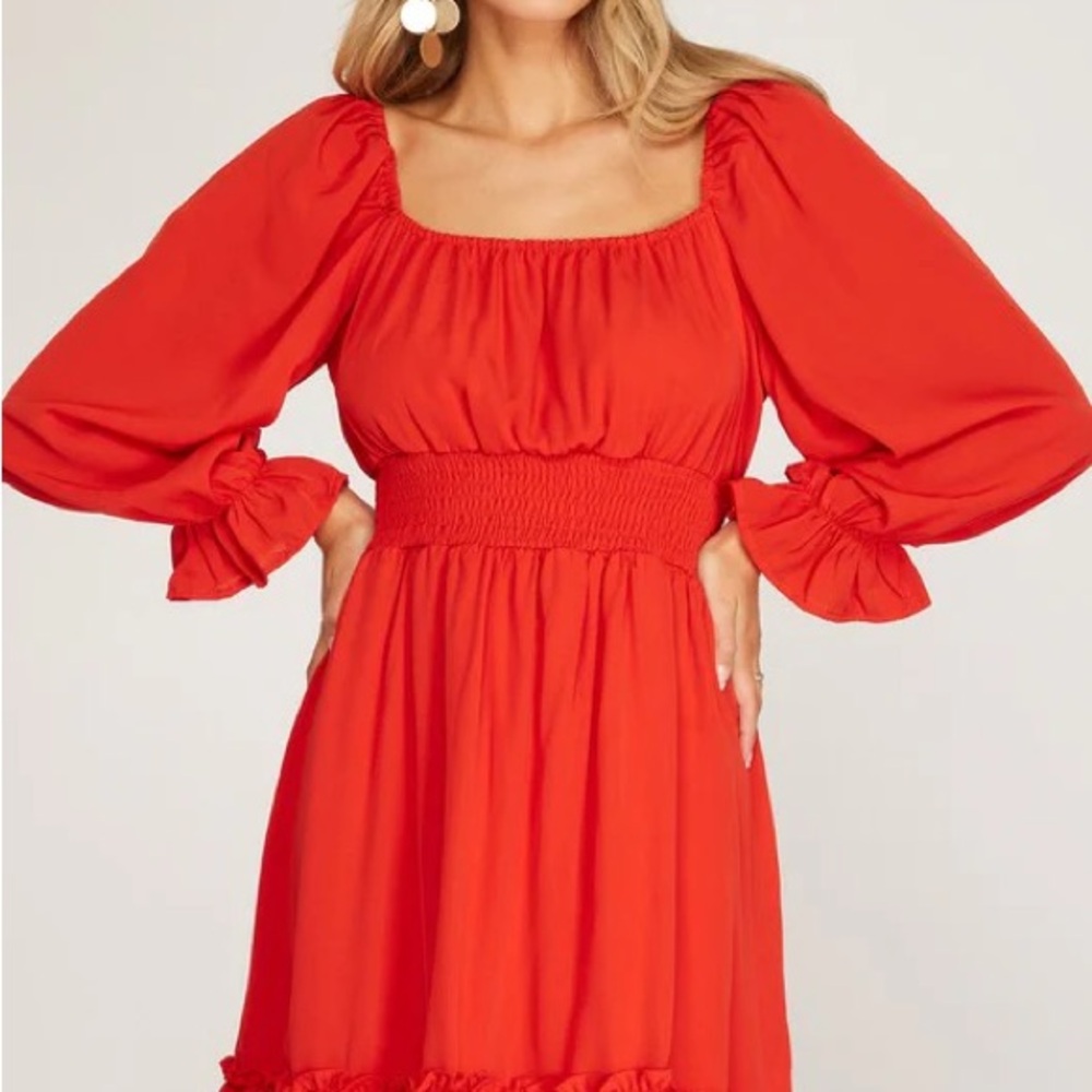 She + Sky Vibrant Red Long Sleeve Dress